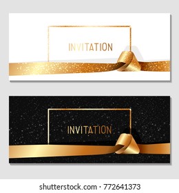 Horizontal gift gold design background with ribbons for invitation, voucher. For a banner, postcards. flyer, label, certificate, company card. Merry New Year and Happy Christmas. Vector.