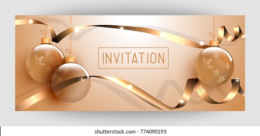 Horizontal gift gold design background with ribbons and balls for invitation, birthday, voucher. For a banner, postcards. flyer, label, certificate, company card. Merry New Year and Happy Christmas. V