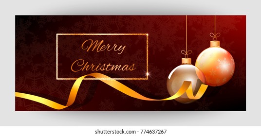 Horizontal gift gold design background with ribbons and balls for invitation, voucher. For a banner, postcards. flyer, label, certificate, company card. Merry New Year and Happy Christmas. Vector.