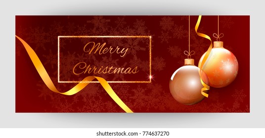 Horizontal gift gold design background with ribbons and balls for invitation, voucher. For a banner, postcards. flyer, label, certificate, company card. Merry New Year and Happy Christmas. Vector.