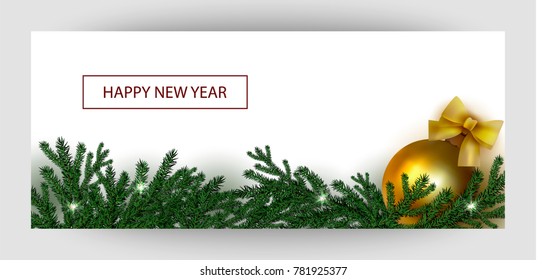 Horizontal gift gold design background with balls, bows for the invitation, birthday, voucher. For a banner, postcards. flyer, label, certificate, company card. Merry New Year, Happy Christmas. Vector