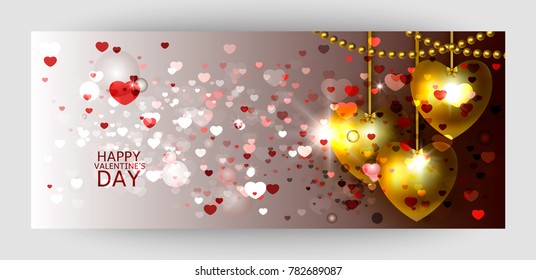 Horizontal gift gold design with hearts. For Valentine's Day, Wedding, Birthday. For a banner, postcards. flyer, label, certificate, company card. Vector.