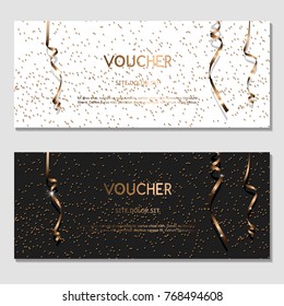 Horizontal gift golden festive design background with glitter and ribbons for invitation, voucher. For a banner, postcards. flyer, label, certificate, company card. Vector. For a merry New Year.