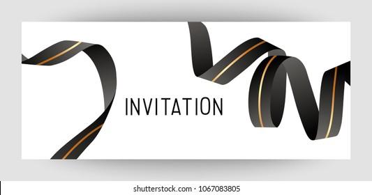 Horizontal gift invitation with a black, golden ribbon. Design background for printing. Corporate advertising voucher, flyer, template for banner, ticket. Vector.