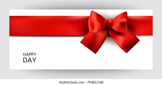 Horizontal gift ribbon design background with a red bow. Invitation For Valentine's Day, Wedding, Birthday. For a banner, postcards. flyer, label, certificate, company card. Vector.
