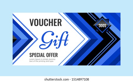 Horizontal gift voucher blue lines on white background. Bright abstract design with arrows. Universal template for your projects with space for text. Vector illustration.