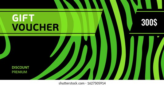 Horizontal gift voucher green lines on black background. Bright abstract design. Universal template for your projects with space for text. Vector illustration.