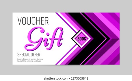 Horizontal gift voucher pink lines on white background. Bright abstract design with arrows. Universal template for your projects with space for text. Vector illustration.