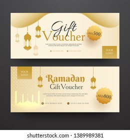 Horizontal Gift Voucher set with best discount offer for Ramadan celebration concept.