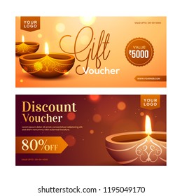 Horizontal gift voucher set with different discount offers and realistic illuminated oil lamps for Diwali festival.