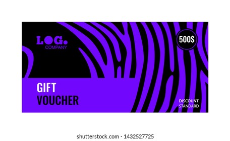 Horizontal gift voucher violet lines on black background. Bright abstract design. Universal template for your projects with space for text. Vector illustration.