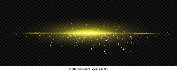 Horizontal glare. Laser beams, horizontal light beams. Beautiful light reflections. Flash of sparks of shiny dust and radiance.