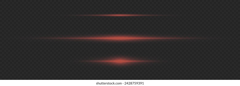 Horizontal glare. Laser beams, horizontal light beams. Beautiful light flashes. Glowing stripes on a transparent background.