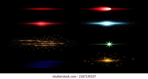 Horizontal glare on black background - vector shining star rays