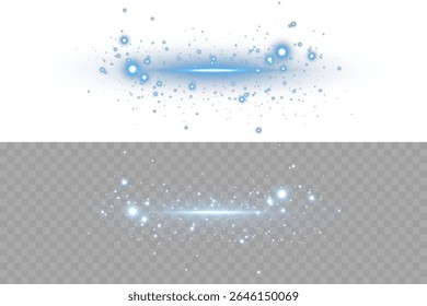 Horizontal glowing blue light line with shimmer and sparkles on dark background. Perfect for futuristic UI elements, neon light trails, energy motion visuals, and abstract tech overlays in design.