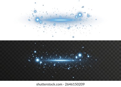 Horizontal glowing blue light line with shimmer and sparkles on dark background. Perfect for futuristic UI elements, neon light trails, energy motion visuals, and abstract tech overlays in design.