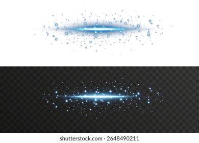 Horizontal glowing blue light line with shimmer and sparkles on dark background. Perfect for futuristic UI elements, neon light trails, energy motion visuals, and abstract tech overlays in design.