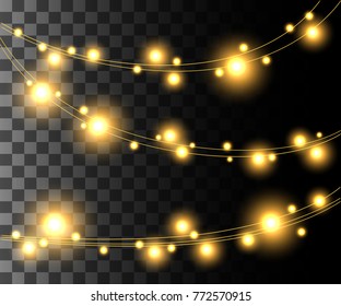 Horizontal leuchtende, hellgelbe Lampen Design für Feiertage Grandland Weihnachtsschmuck einzeln auf dem transparenten Hintergrund Website-Spiel und mobile App Design.