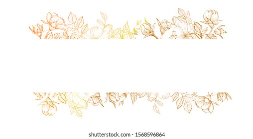 Horizontal gold flowers vector design banner. Natural summer card or frame. All elements are isolated and editable. Elegant postcard with text space