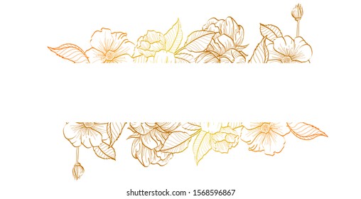 Horizontal gold flowers vector design banner. Natural summer card or frame. All elements are isolated and editable. Elegant postcard with text space