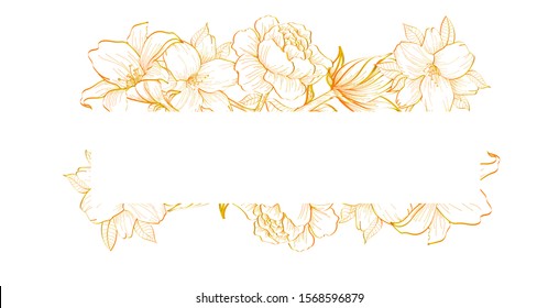 Horizontal gold flowers vector design banner. Natural summer card or frame. All elements are isolated and editable. Elegant postcard with text space