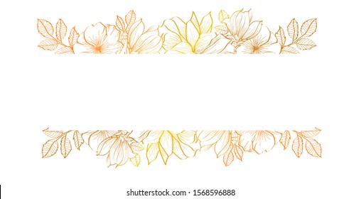 Horizontal gold flowers vector design banner. Natural summer card or frame. All elements are isolated and editable. Elegant postcard with text space