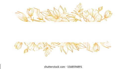 Horizontal gold flowers vector design banner. Natural summer card or frame. All elements are isolated and editable. Elegant postcard with text space