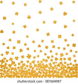 Horizontal gold seamless pattern for St. Patrick's day from the falling clover leaves on white background. Design for banner, card, invitation, postcard, textile, wrapping paper. Vector illustration.