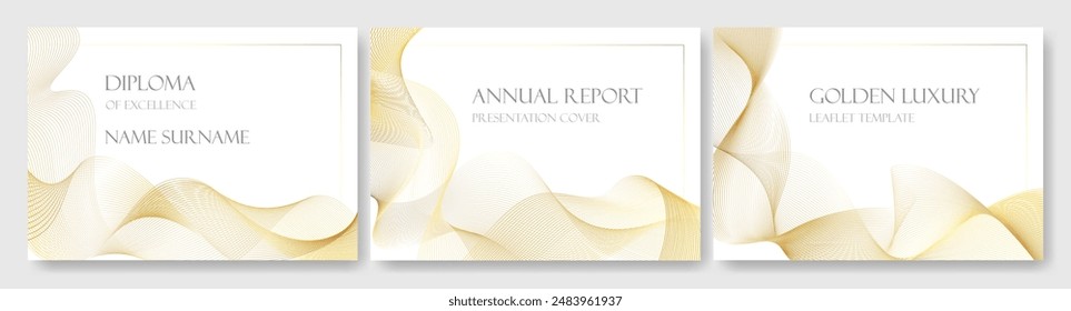 Horizontal gold wavy lines minimal background. Corporate calendar, gala invitation, premium certificate design. Medicine graduation award leaflet, royal golden color waves