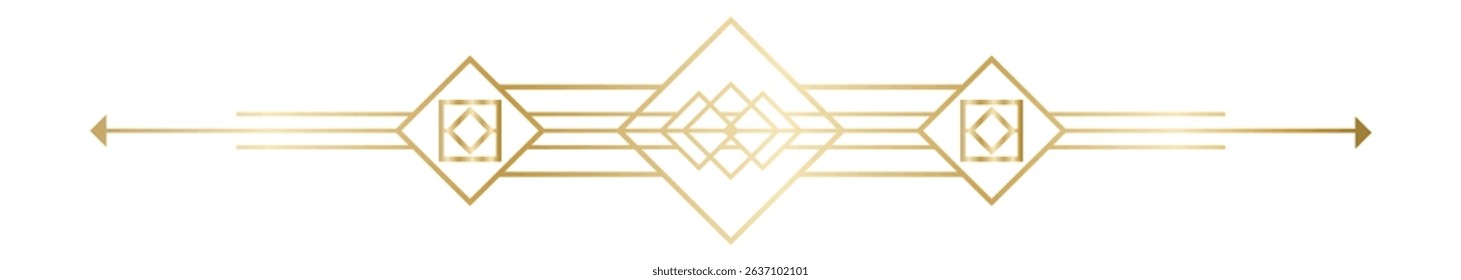 Horizontal golden art deco ornament pointing to the left and right, with geometric shapes such as rhombus, squares and lines, ideal for elegant and luxurious projects