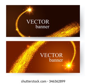Horizontal golden banners with shining falling stars in the night sky.