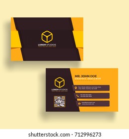Horizontal golden and brown business card with front and back presentation.