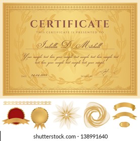 Horizontal golden Certificate of completion (template) with guilloche pattern (watermarks), golden borders, medal, design elements. Background for diploma, gift voucher, official or awards. Vector
