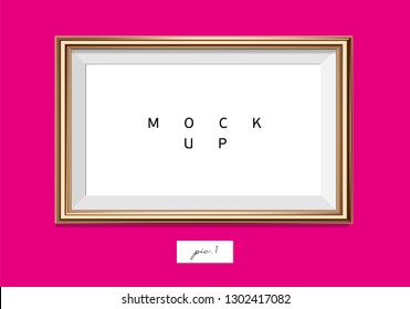 Horizontal golden frame on pink wall. Vector EPS10 illustration. Wall picture frame mock-up