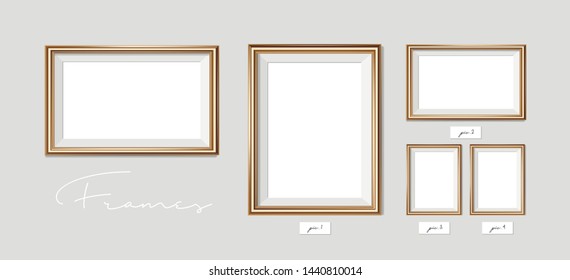 Horizontal golden frame on the wall. Vector EPS10 illustration. Wall picture frame mock-up.