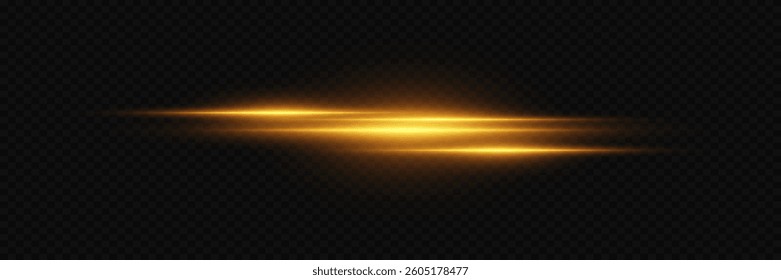 Horizontal golden laser line light effect. Flash of light and beam.