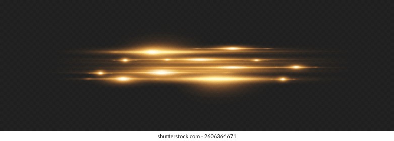 Horizontal golden laser line light effect. Flash of light and beam.