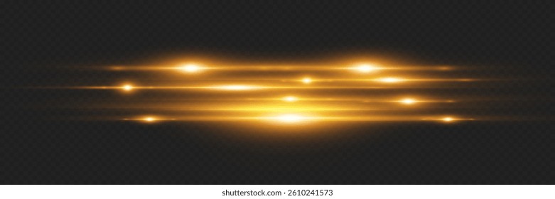 Horizontal golden laser line light effect. Flash of light and beam.