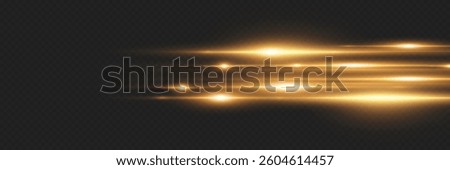 Horizontal golden laser line light effect. Flash of light and beam.