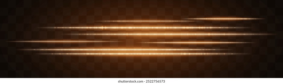 Efeito de luz dourada horizontal isolado no fundo transparente. Correção gráfica da luz refletida. Listras de néon. Linhas brilhantes. Exacerbação da lente. Raios abstratos. Ilustração vetorial