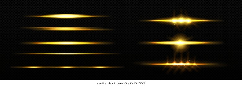 Horizontal golden light line with fade effect. Realistic vector illustration set of glow flare burst with beams. Neon flash strip with sparkle on transparent background. Magic shiny shimmer with