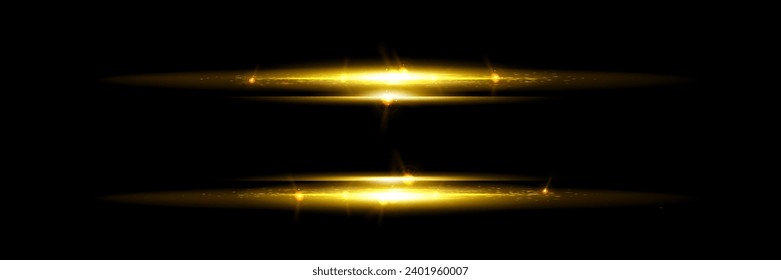 Horizontal golden light stripe with fade effect. Realistic vector illustration set of glow gold flare burst with beams. Magic shiny neon shimmer strip with sparkle on transparent background.