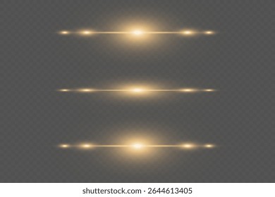 Horizontal golden rays of light with glow effect. On transparent background.