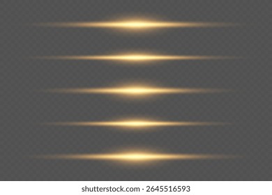 Horizontal golden rays of light with glow effect. On transparent background.