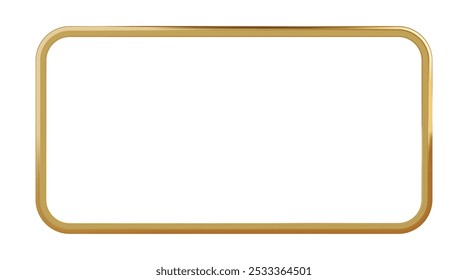 Horizontal golden rectangular picture frame with rounded corners. Thin jewelry border for photo or award. Realistic shiny vector illustration with gradient mesh isolated on white background.