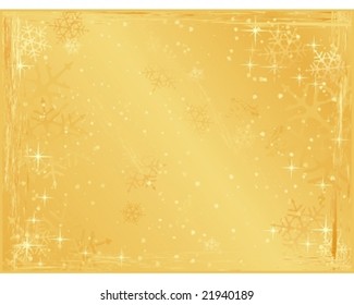 Fondo horizontal de invierno dorado con copos de nieve, estrellas y elementos de fondo. Uso de colores globales y gradientes lineales.
