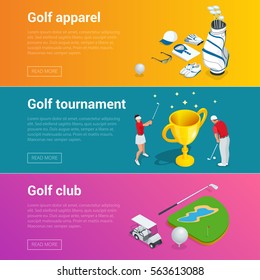 Horizontal Golf Club banners with golf car course hole, championship and apparel flat illustration