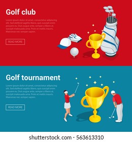 Horizontal Golf Club banners with golf car course hole, championship and apparel flat illustration
