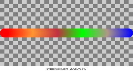 Uma barra de gradiente horizontal passa suavemente de vermelho a laranja, amarelo, verde e azul em um plano de fundo quadriculado transparente.