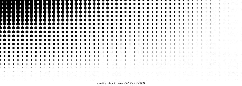 Horizontal gradient of black and white circle halftone texture vector illustration black and white dot background. Gradient background with half-tone circle vector light effect design Pop art style ho